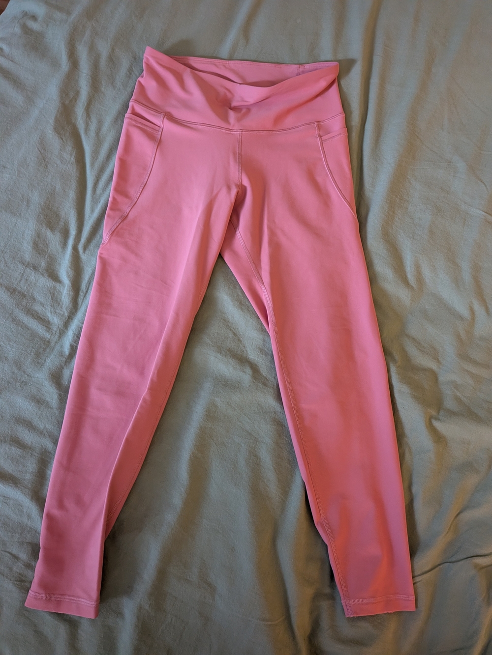PowerSoft Pink High-Rise Active Leggings Lattice Weave Cuff & Pockets 7/8 Length